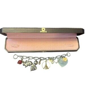 Juicy Couture Vtg Y2K Silver Tone Heart Eiffel Tower Colorful‎ Charm Bracelet
